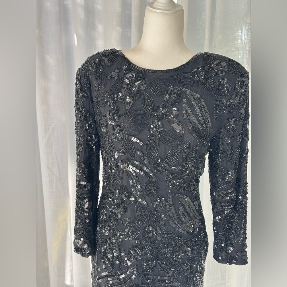 SWEEL O Vintage Black Beaded Sequin Cocktail Dress Long Sleeve Art Deco Midi - Picture 3 of 12